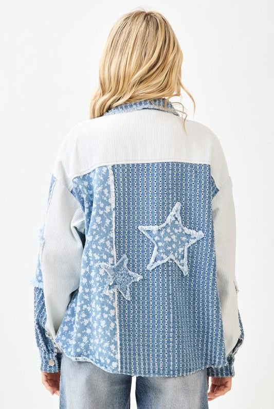 Light blue patchwork denim shacket with mixed prints and button-front design – Petunias of Naples” back view
