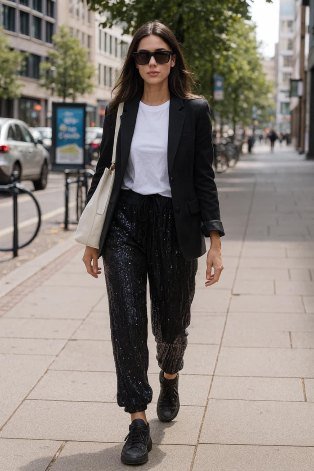 Black sequin joggers with elastic waist and drawstring,