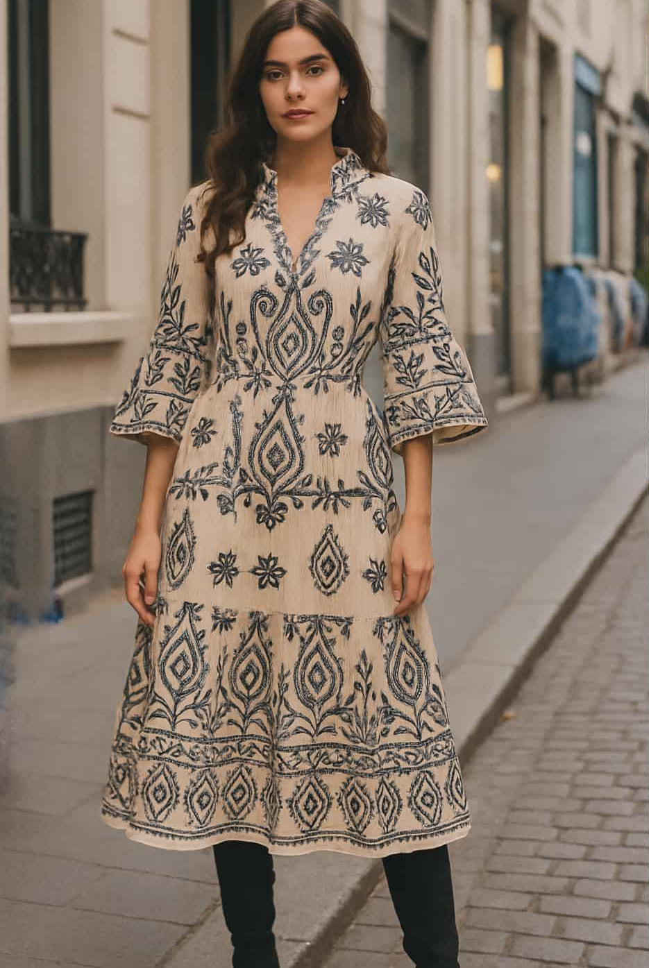 “Boho chic embroidered print dress with black print detailing – front view