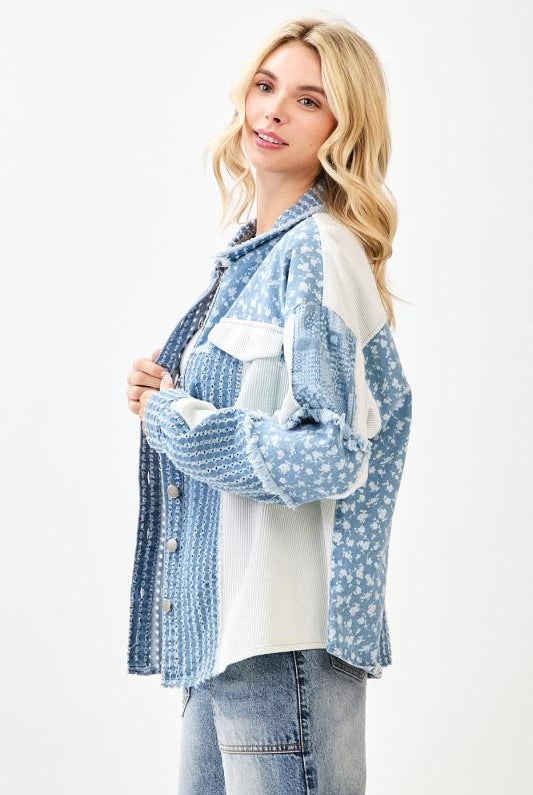 Light blue patchwork denim shacket with mixed prints and button-front design – Petunias of Naples” side view