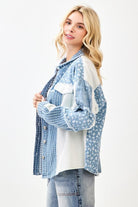 Light blue patchwork denim shacket with mixed prints and button-front design – Petunias of Naples” side view