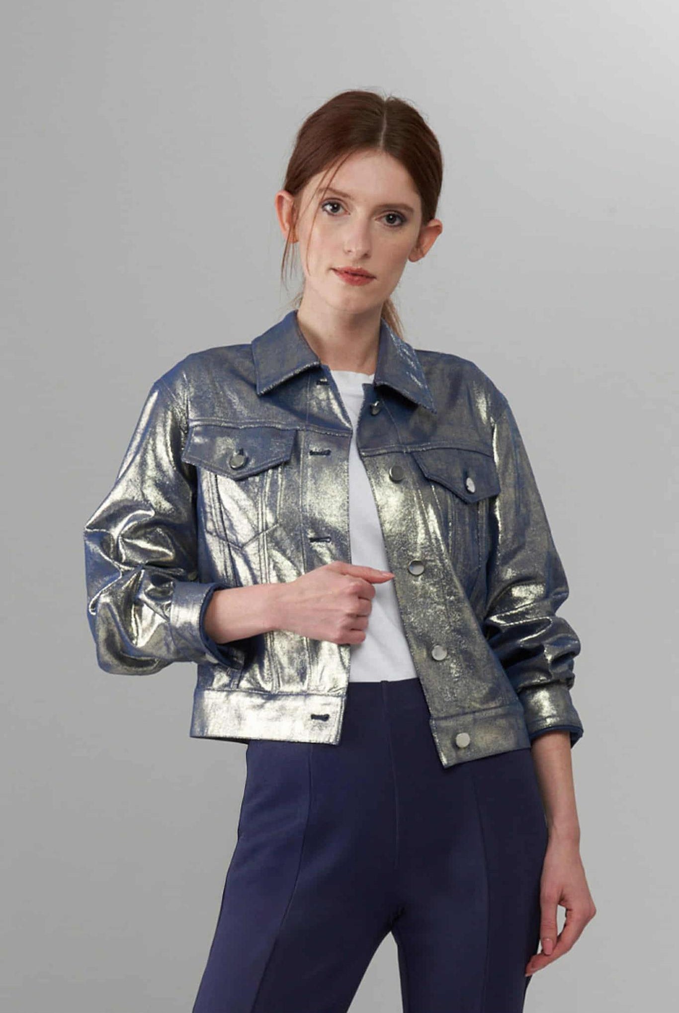 woman wearing metallic blue and gold foil denim jacket with white shirt — Insight NY.