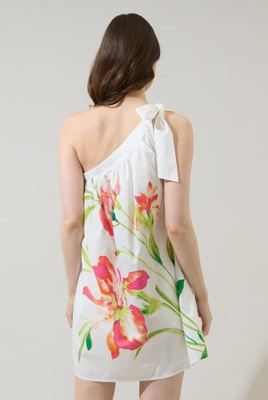 Sugar Lips tropical floral one-shoulder summer dress with pink flowers and breezy resort silhouette