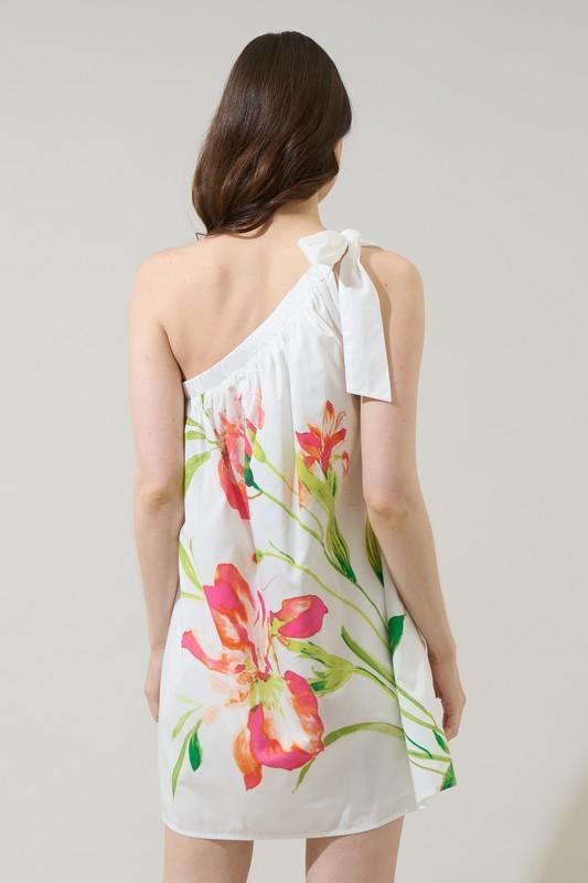 Sugar Lips tropical floral one-shoulder summer dress with pink flowers and breezy resort silhouette