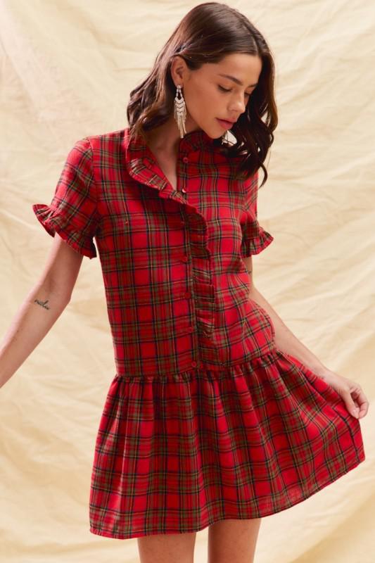 Holiday tartan plaid dress with ruffle trim and short sleeves