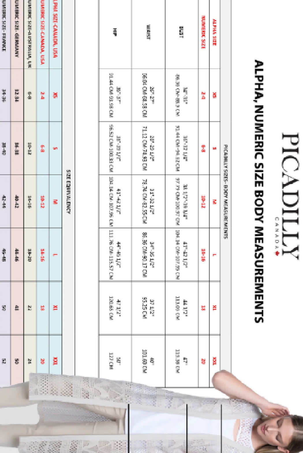 A size measurement chart for PICA DILIGY Alpha Numeric Body Measurements, featuring a table with height, bust, waist, and hip measurements in centimeters and inches, alongside a small model photo at the bottom.