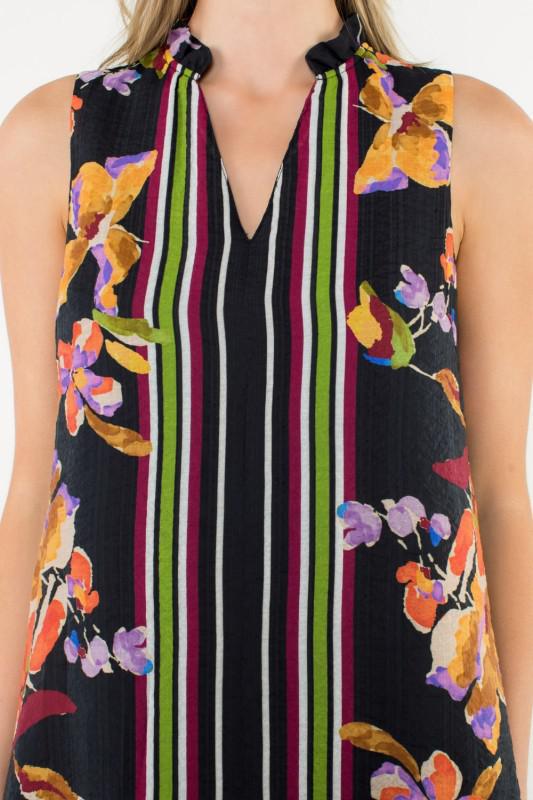 Close-up of floral print and striped detailing on sleeveless dress