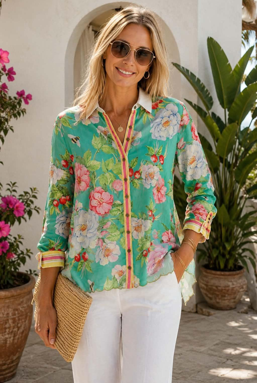 Back of Aratta La Ville Rose floral blouse featuring a sheer embellished floral yoke, aqua floral print and striped cuffs.