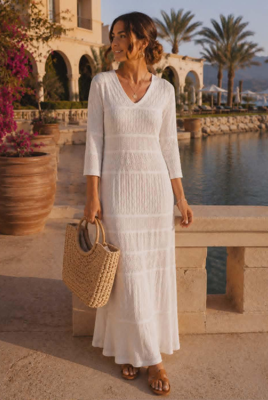 Beautiful resort chic woman wearing a white pointelle knit maxi dress at a luxury tropical resort during sunset.