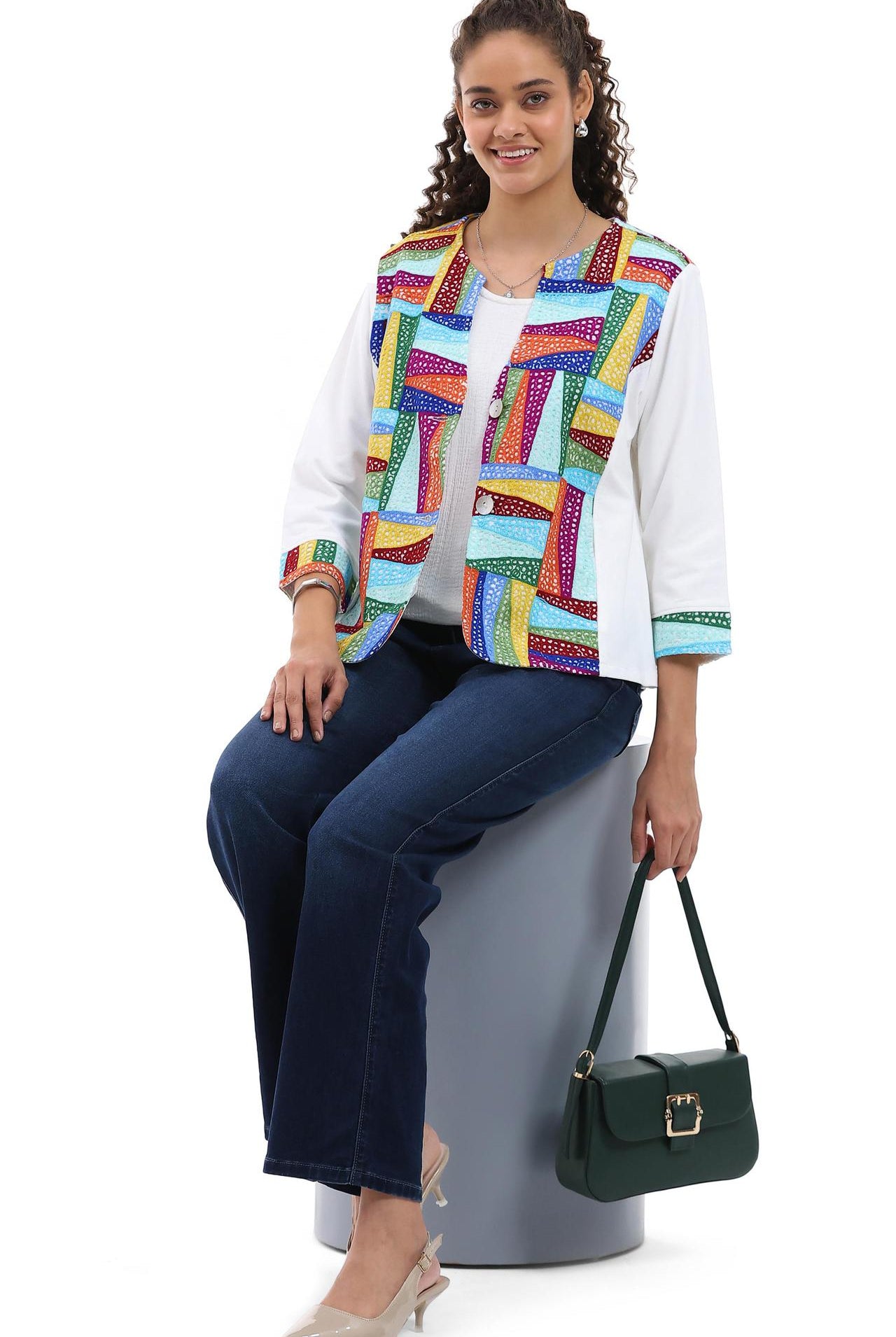 Lightweight color block knit jacket by Parsley & Sage styled casually with denim