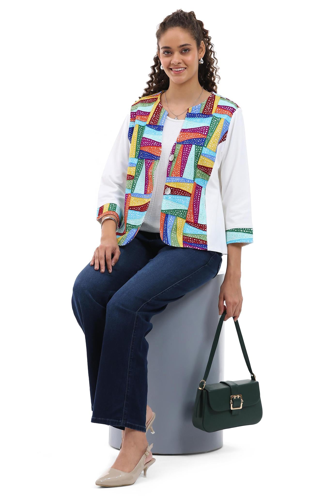 Lightweight color block knit jacket by Parsley & Sage styled casually with denim