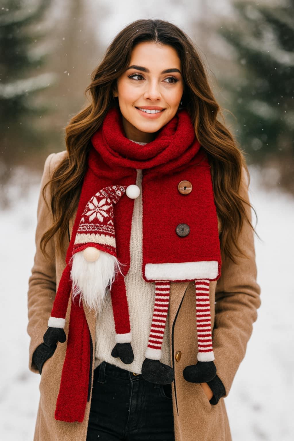 Red whimsical gnome scarf with festive details, cozy winter accessory and holiday gift idea