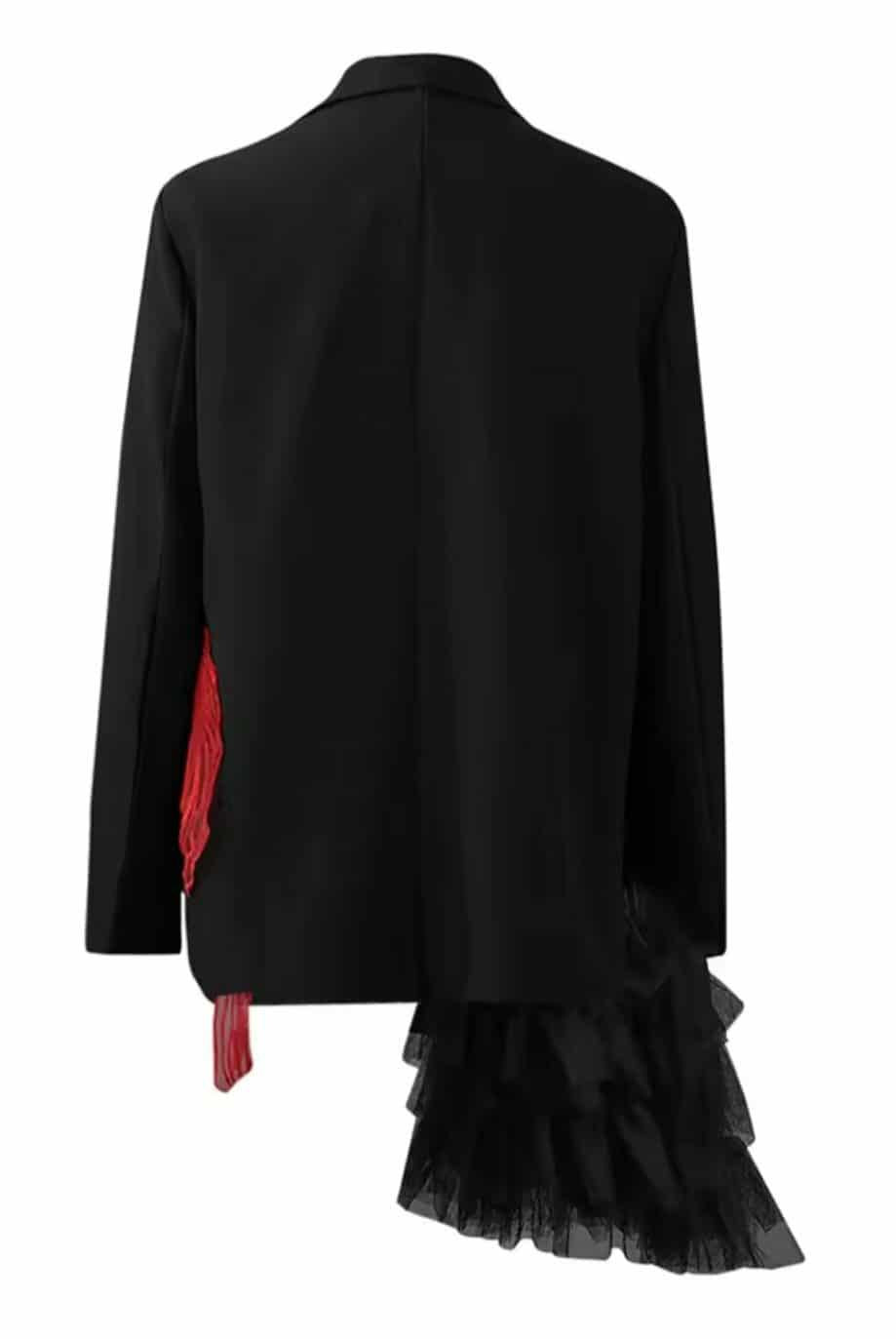 Black blazer with red embroidered koi fish and cascading tulle detail, styled with silver buttons – urban chic women’s statement jacket, back view, solid black