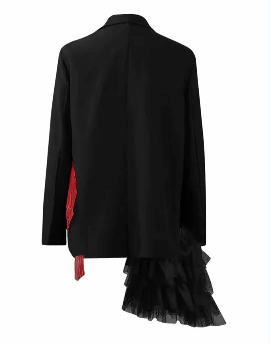 Black blazer with red embroidered koi fish and cascading tulle detail, styled with silver buttons – urban chic women’s statement jacket, back view, solid black
