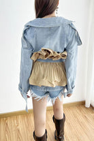 BACK VIEW OF DENIM JACKET WITH kAKHI rUFFLES