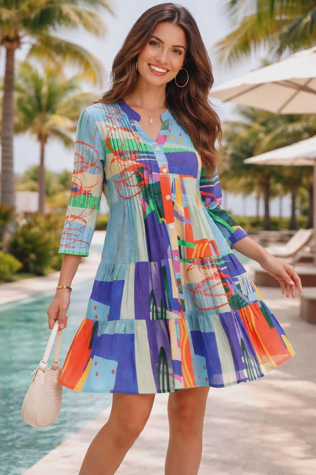 Woman wearing a colorful Parsley & Sage 100% cotton tiered dress with abstract patchwork print in a resort setting