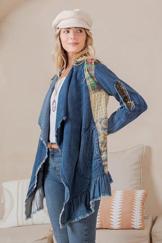 Lightweight denim jacket with unique patchwork details and ruffle hem, colors vary on each piece
