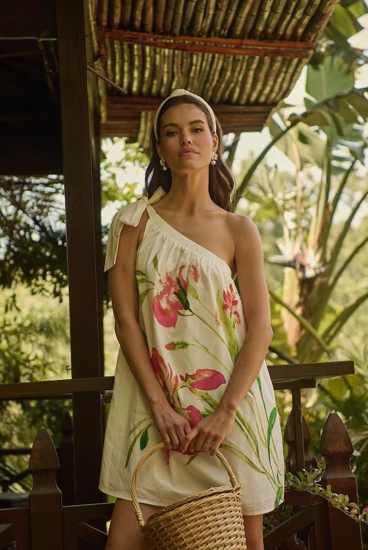 Sugar Lips tropical floral one-shoulder summer dress with pink flowers and breezy resort silhouette