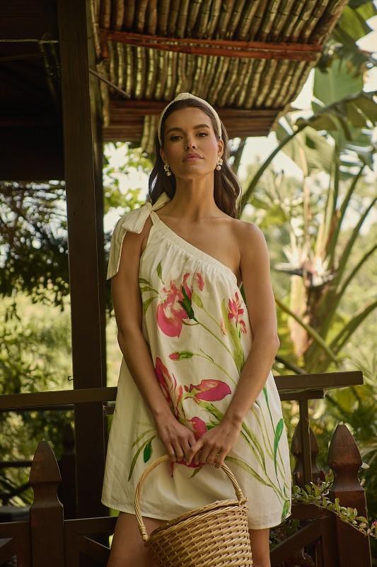 Sugar Lips tropical floral one-shoulder summer dress with pink flowers and breezy resort silhouette