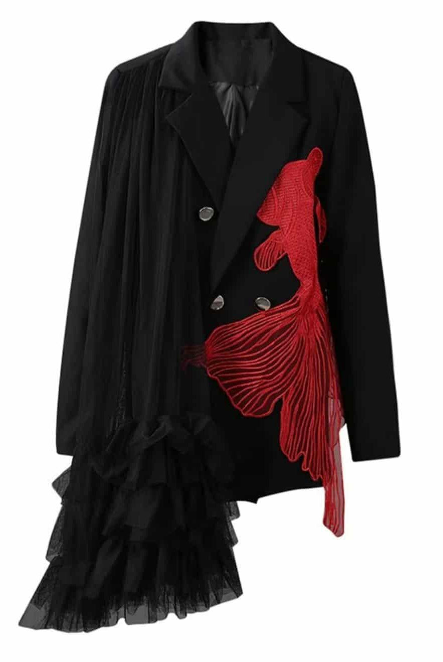 Black blazer with red embroidered koi fish and cascading tulle detail, styled with silver buttons – urban chic women’s statement jacket
