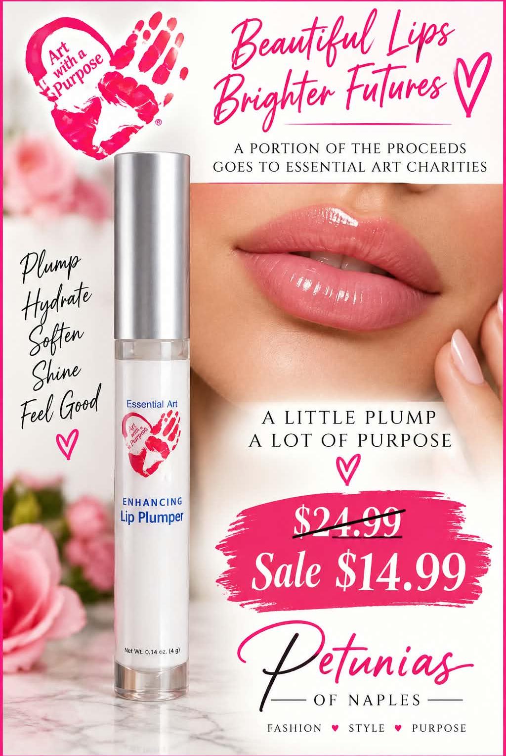 Essential Art Enhancing Lip Plumper on sale for $14.99 at Petunias of Naples, with a portion of proceeds benefiting Essential Art Charities.