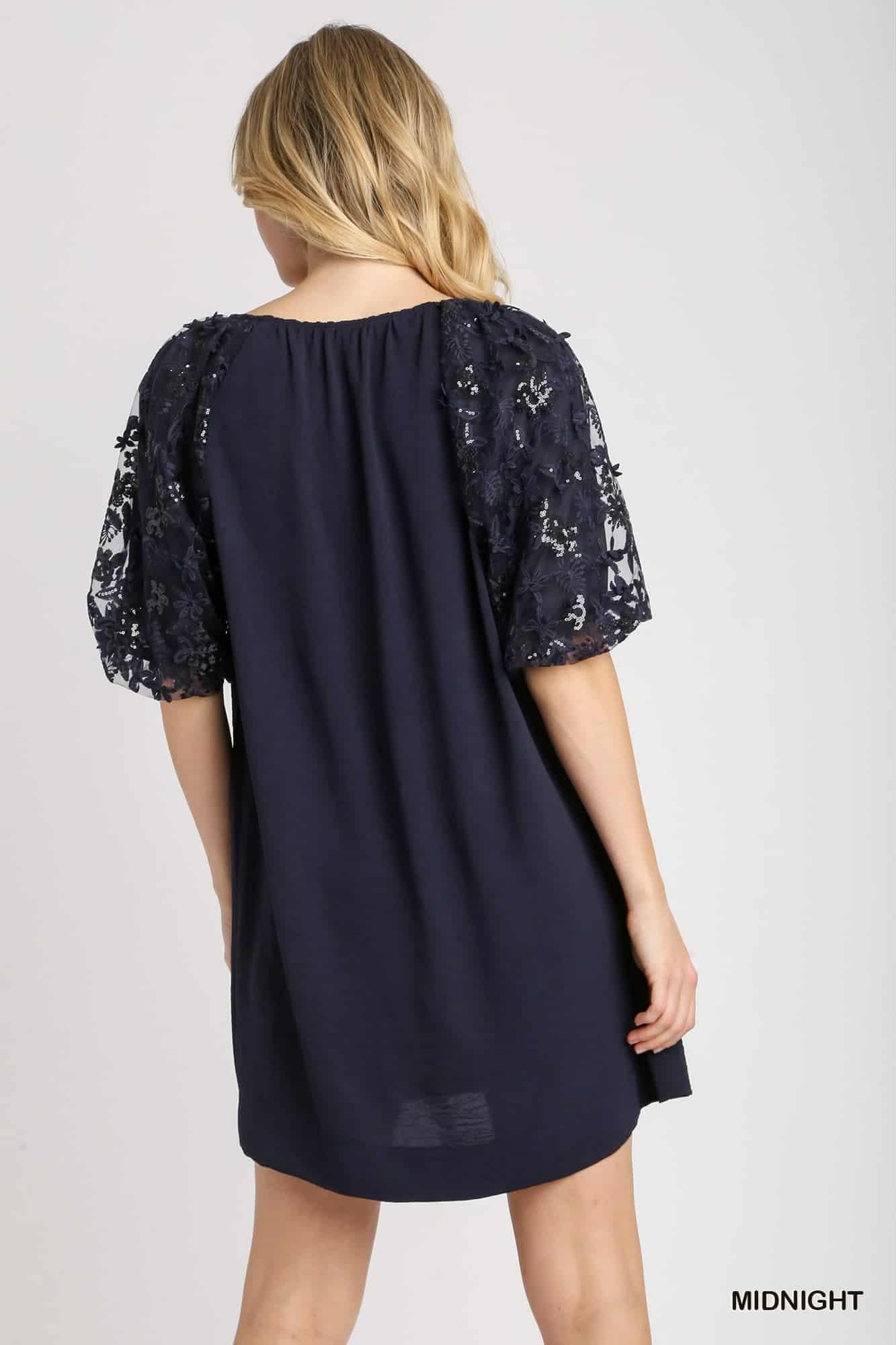 Navy dress with lace sleeves on a plain background, back view