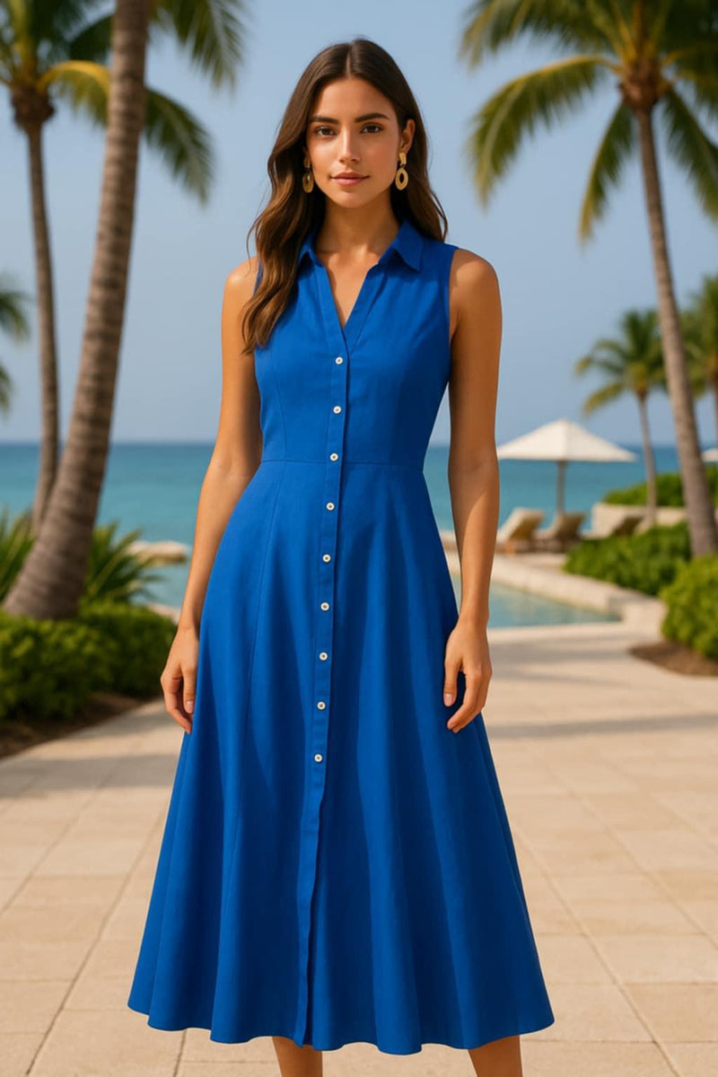 Sleeveless Button-Front Linen Dress in Cobalt Blue Petunias of Naples Sleeveless Button-Front Linen Dress in Cobalt Blue Petunias of Naples