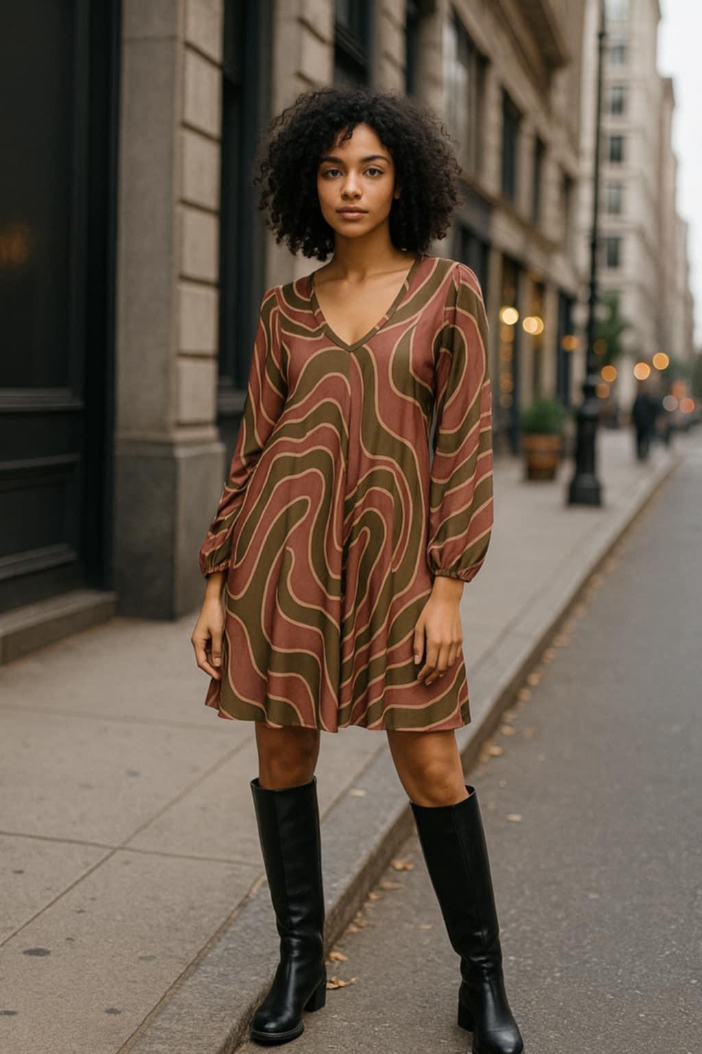 Urban chic girl wearing swirl print tunic dress with ankle boots