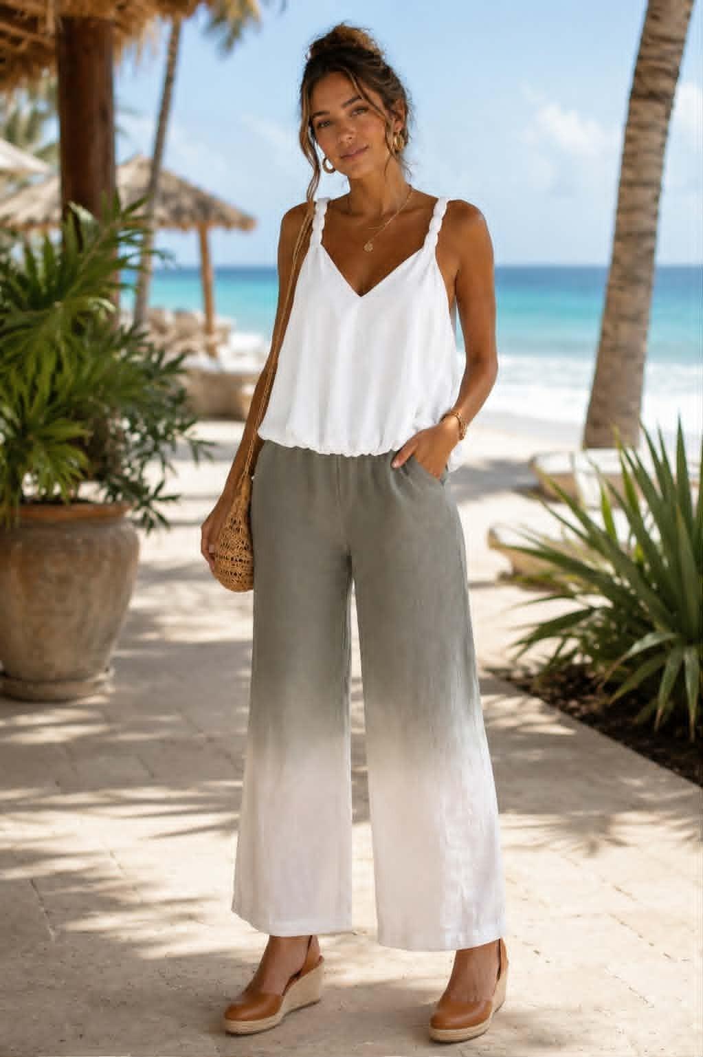 BlueBerry women’s linen wide-leg pants with gray-to-white ombré gradient styled for a chic beach resort look.