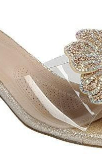 Gold crystal flower clear heel slide sandal with transparent strap and glitter sole