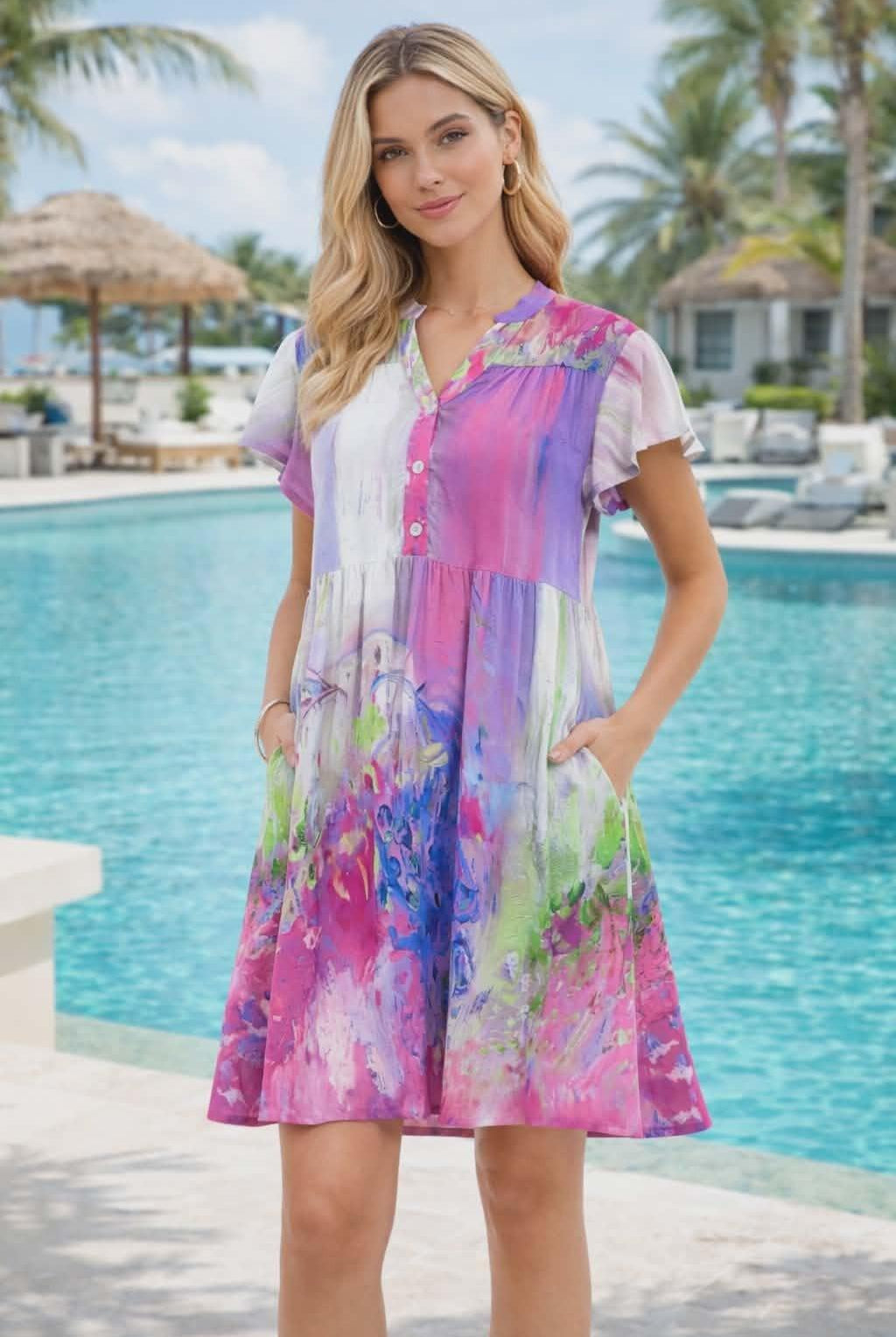 Parsley & Sage watercolor rayon dress with flutter sleeves worn by resort chic model
