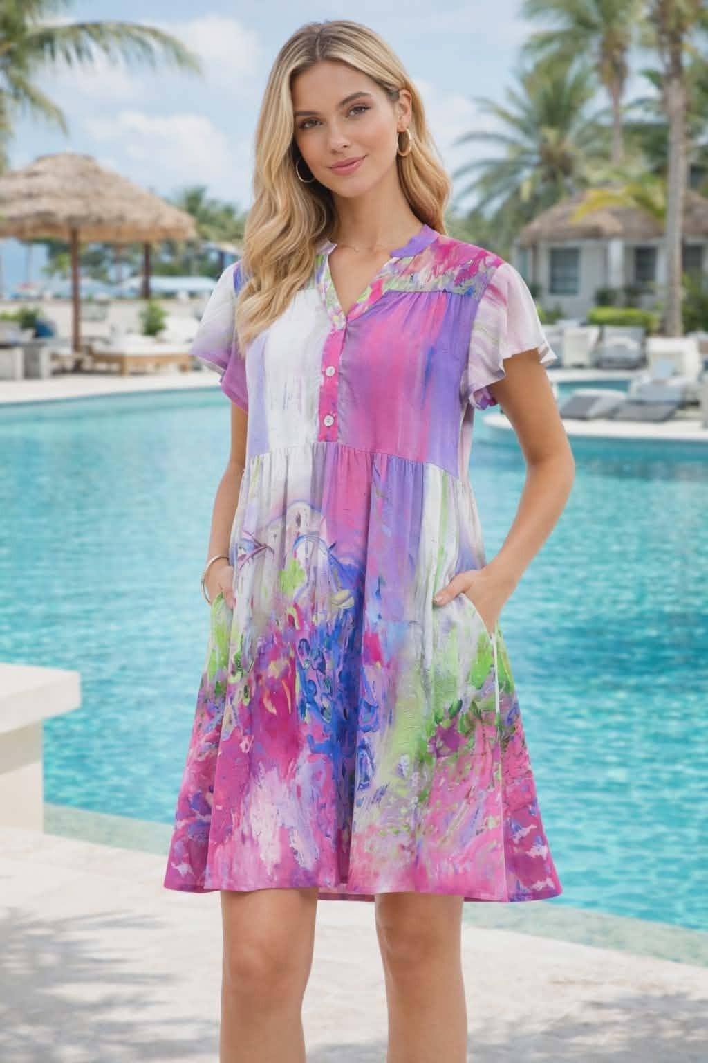 Parsley & Sage watercolor rayon dress with flutter sleeves worn by resort chic model