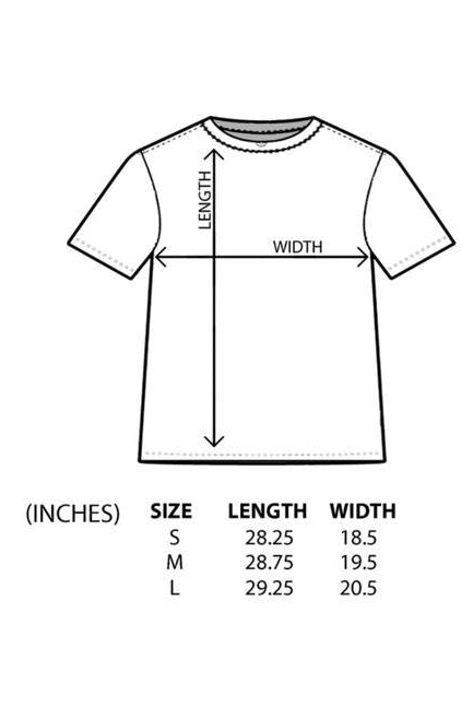 A black-and-white size guide diagram for a short-sleeve T-shirt, showing a front-facing shirt outline with arrows marking length and width, plus a size table listing S, M, and L measurements in inches.
