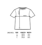 Measurement chart for a t-shirt with dimensions labeled and size measurements listed.