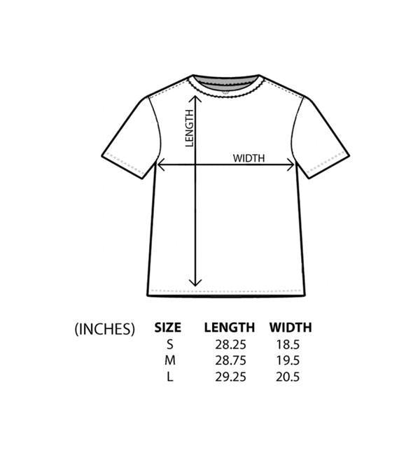 A black-and-white size guide diagram for a short-sleeve T-shirt, showing a front-facing shirt outline with arrows marking length and width, plus a size table listing S, M, and L measurements in inches.