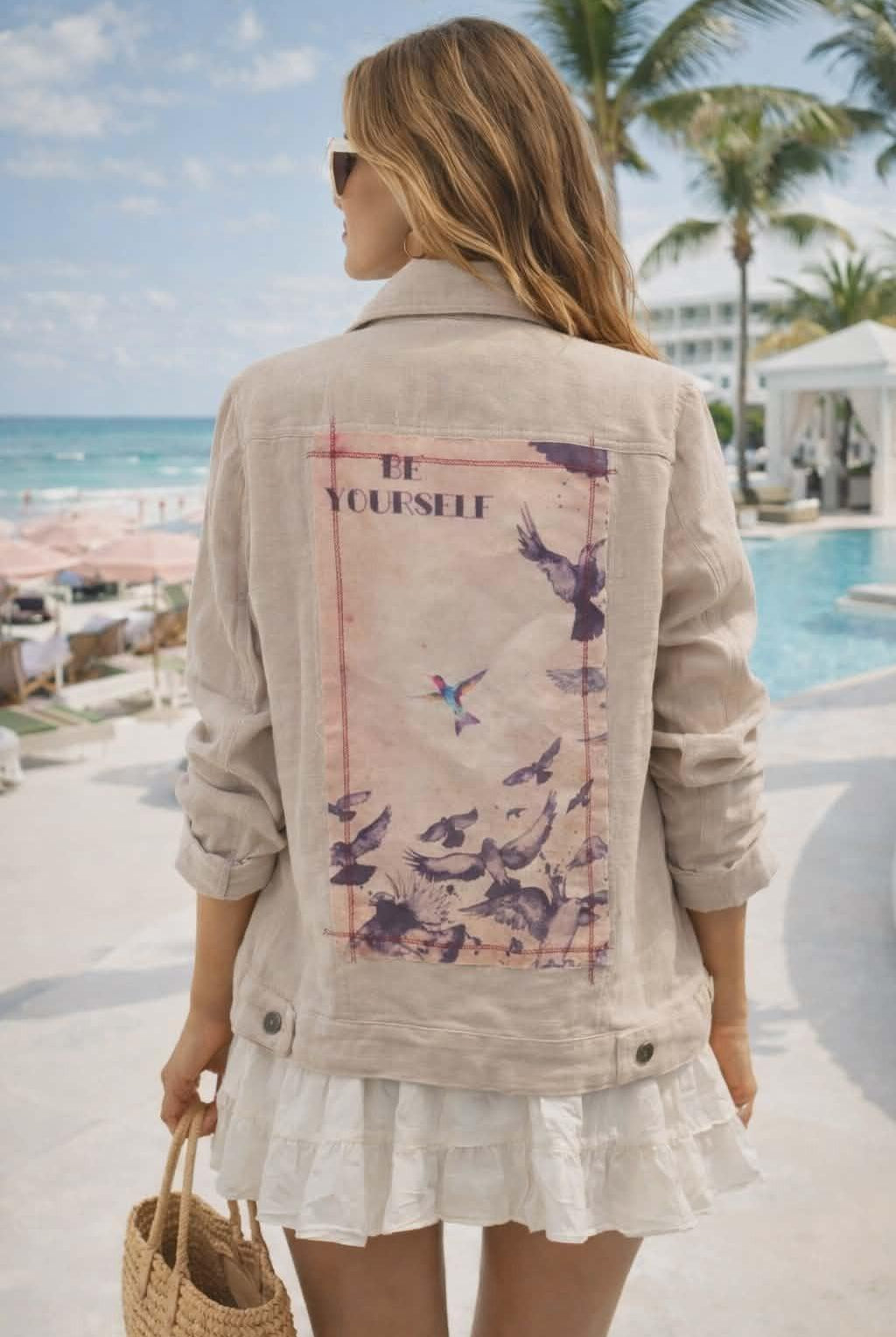The Nu Vintage linen cotton blend jacket with “Be Yourself” bird artwork on the back shown in resort chic styling