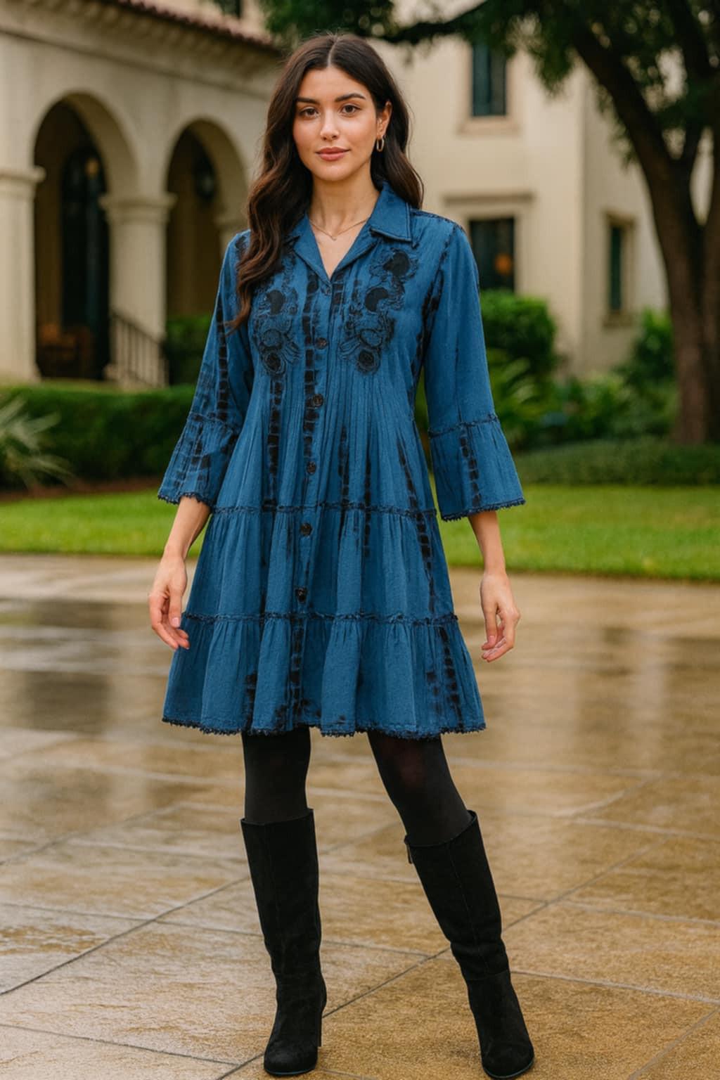"Blue embroidered tiered dress with button front and 3/4 bell sleeves – chic bohemian style"
