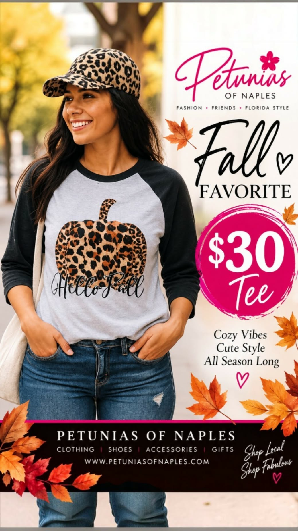 Women’s Hello Fall gray and black raglan tee featuring a leopard-print pumpkin graphic from Petunias of Naples.