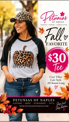 Women’s Hello Fall gray and black raglan tee featuring a leopard-print pumpkin graphic from Petunias of Naples.