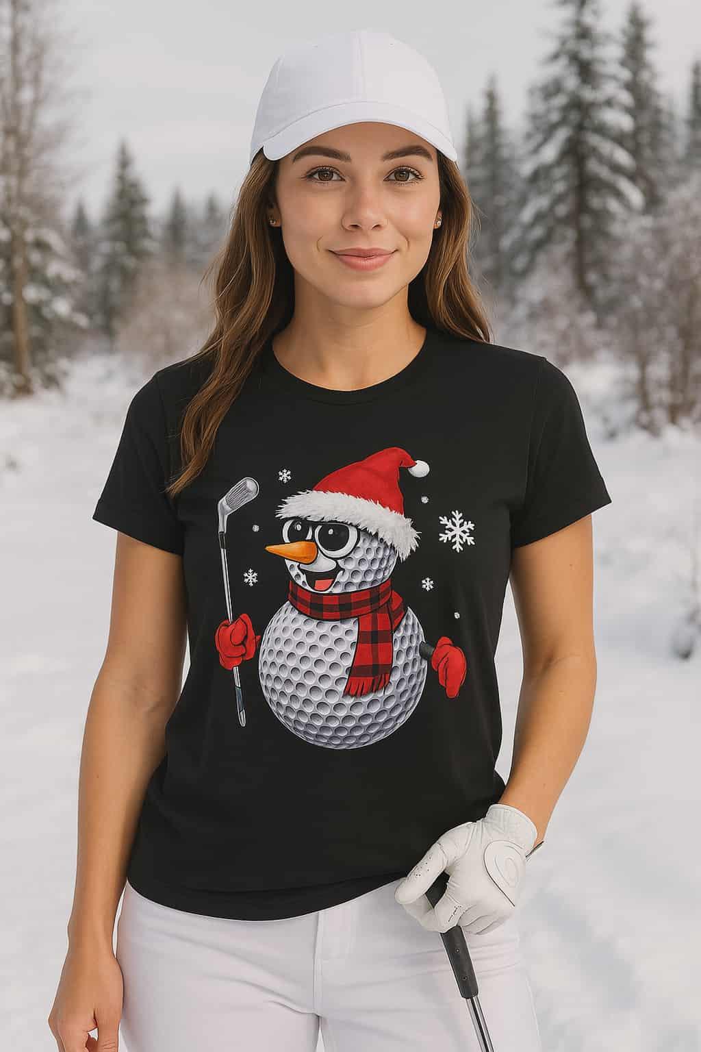 Christmas golf tee shirt in black with festive snowman holding golf club