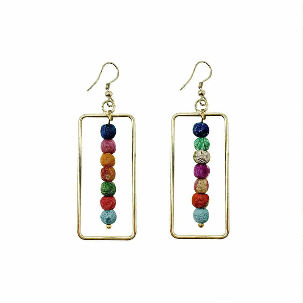 WorldFinds Kantha Fringe Earrings handmade from recycled textiles – colorful fair-trade boho earrings with gold accents