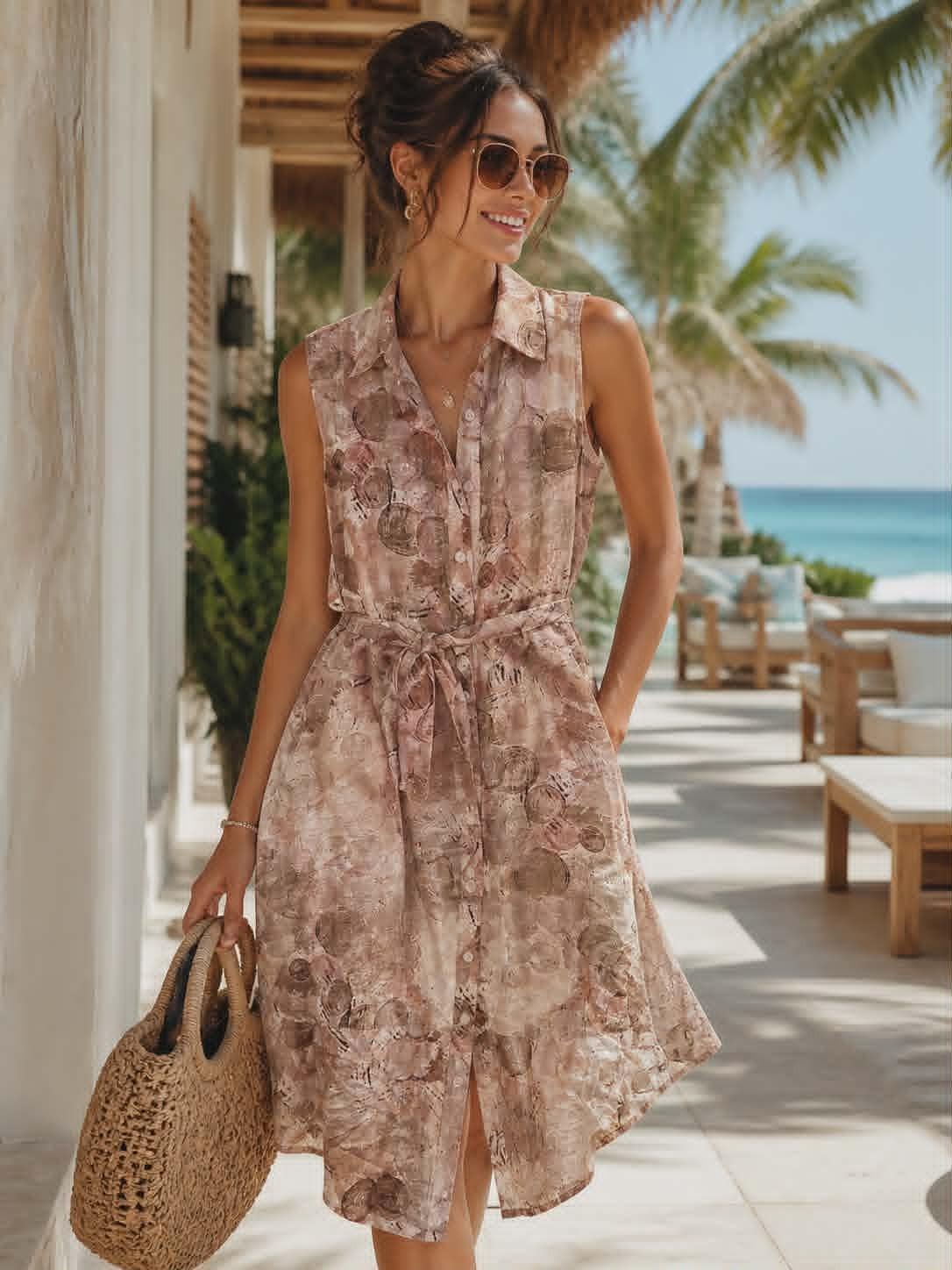 Spanner sleeveless shirt dress with tie waist in neutral abstract print, styled for a resort chic look