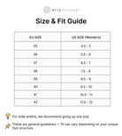 Size and fit guide for women's shoes comparing EU and US sizes, with 'eric michael' branding.