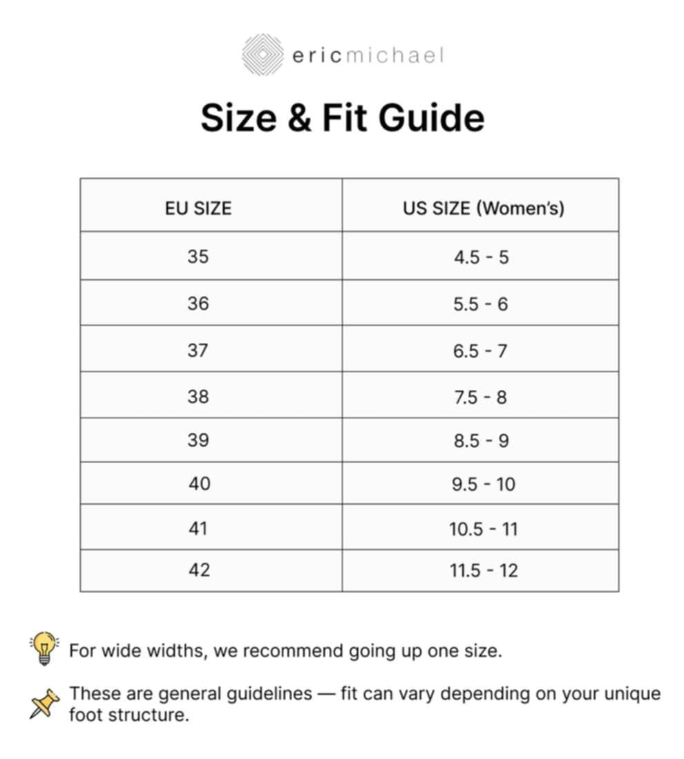 Size and fit guide for women's shoes comparing EU and US sizes, with 'eric michael' branding.