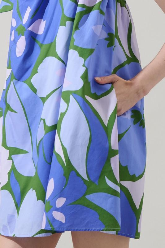 Sugar Lips blue floral one-shoulder summer dress with tie strap and breezy resort style silhouette