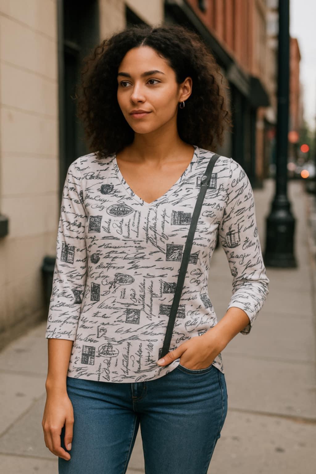 Urban chic woman wearing a 3/4 sleeve script-print tunic top with jeans.