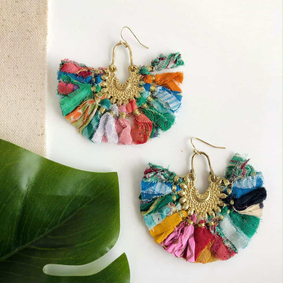 WorldFinds Kantha Fringe Earrings handmade from recycled textiles – colorful fair-trade boho earrings with gold accents