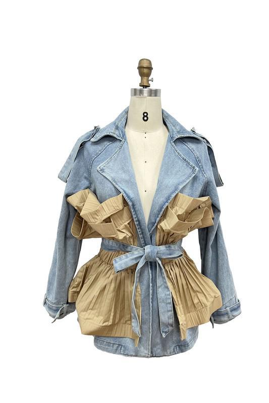 “Urban street style look featuring denim jacket with pleated ruffle details”