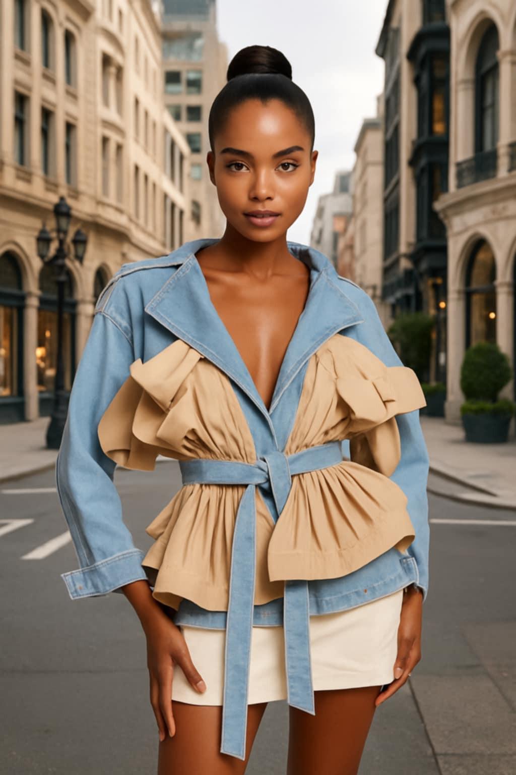 Front view of statement denim jacket with Kakhi ruffles, belted waist, downtown background