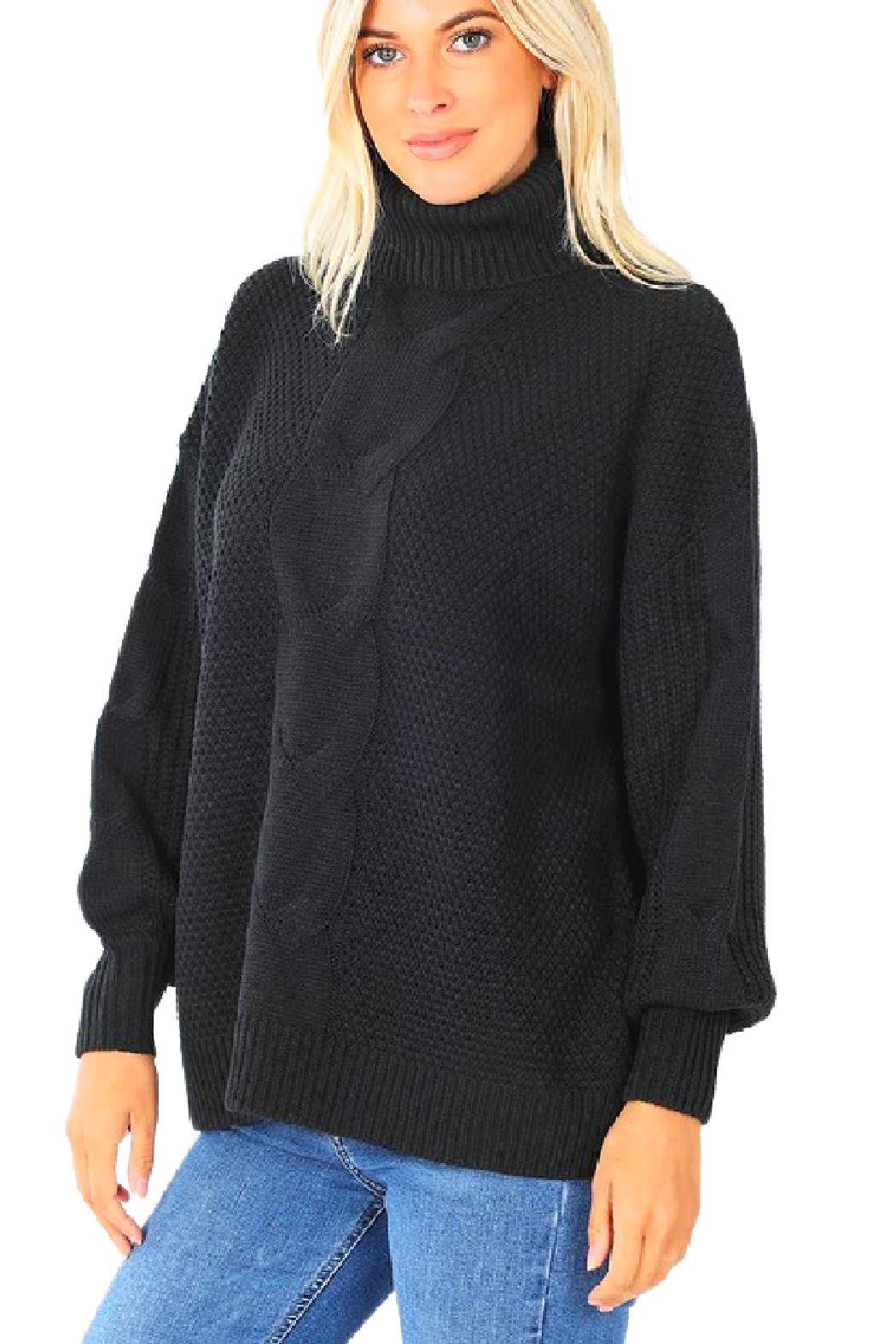  Front view of black turtleneck sweater with cable knit detail